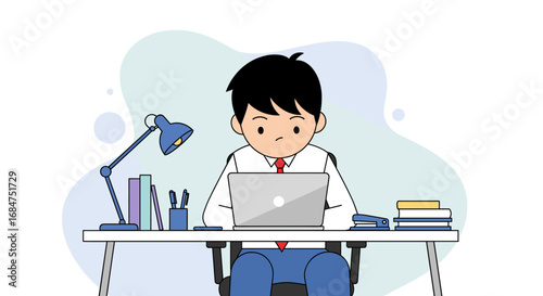 A focused young man works diligently on his laptop at a tidy desk, surrounded by office supplies. Ideal for business, education, productivity, or remote work concepts.