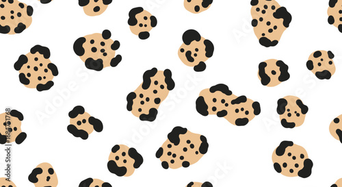 Seamless leopard print pattern with stylized tan and black spots on a white background, ideal for fashion, textiles, or digital design.