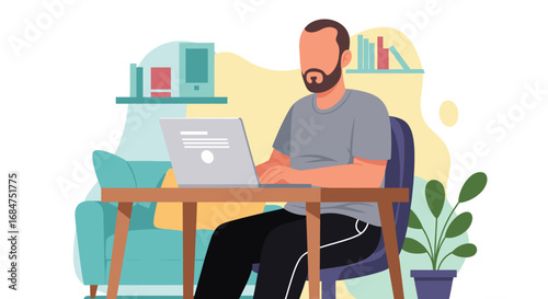 A man works on his laptop from a comfortable home office setup, embodying modern remote work and freelance lifestyle.
