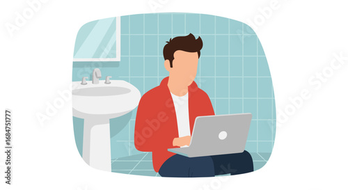 Person working remotely on a laptop from an unconventional space like a bathroom, symbolizing flexibility, productivity, and modern work-from-home concepts.