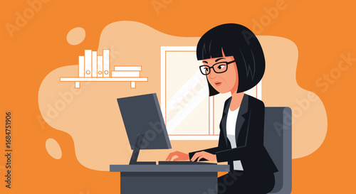 Focused professional woman diligently working on her computer in an office setting, representing productivity, remote work, and business tasks.
