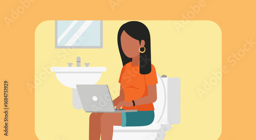 Woman working on laptop while sitting on the toilet in a bathroom. Illustrates remote work, multitasking, convenience, and the blend of personal and professional life.