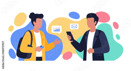 Two people discussing data and messages on smartphones, highlighting digital communication and information exchange for business or social connection.