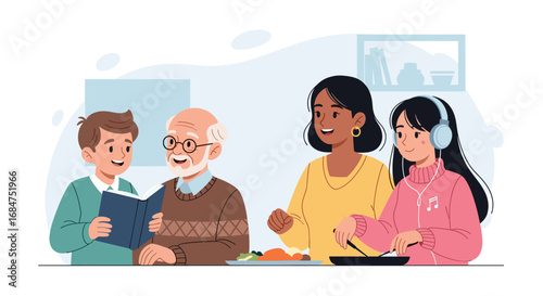 A happy multigenerational family enjoys quality time at home. Grandfather reads to a child while a woman cooks and a girl listens to music, showing bonding and daily life.