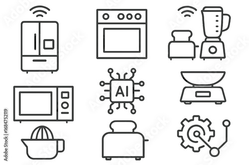 Various kitchen appliances illustrated in a minimalist design showcasing modern technology and AI integration for seamless cooking experiences