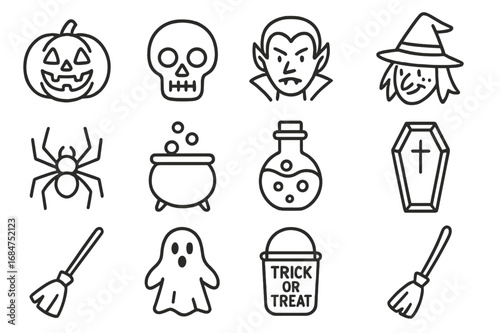 Illustration of Halloween symbols including pumpkin, skull, vampire, and spider for festive decorations and activities