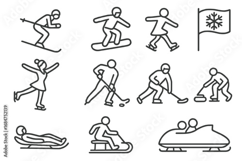 Winter sports activities featured through simple icons showcasing skiing, snowboarding, ice skating, curling, and sledding during snowy weather