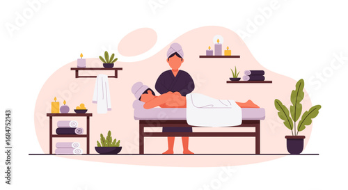 A person enjoys a relaxing massage therapy session at a tranquil spa, surrounded by candles and plants. Represents wellness, self-care, and professional spa services.