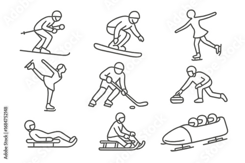 Various winter sports activities showcased in simple line art, highlighting skiing, snowboarding, ice skating, and more for winter enthusiasts