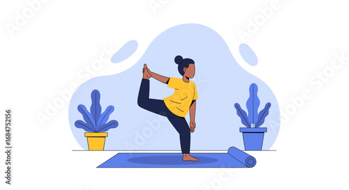 Illustration of a person gracefully performing a yoga balancing pose on a mat indoors. Represents wellness, flexibility, and a healthy, mindful lifestyle.