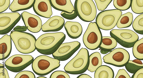 A vibrant and detailed illustration of numerous sliced avocados, showcasing their creamy green flesh and large brown pits, arranged in a lively, overlapping pattern.