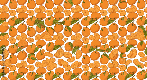 A vibrant, repeating pattern of whole oranges with green leaves and scattered peeled orange segments on a white background, creating a fresh and energetic design.