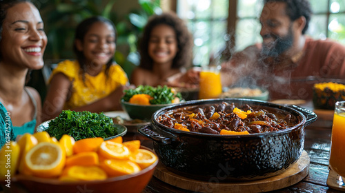 Joyful Family Gathering Around a Vibrant Dinner Table with Delicious Food and Fresh Fruits