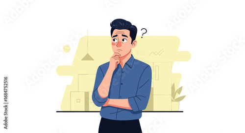 A thoughtful man in a professional setting, looking uncertain with a question mark, representing confusion, problem-solving, or making a business decision.