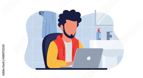 Man focused on his laptop in a bathroom, representing remote work, flexible lifestyle, or challenges of maintaining work-life balance.