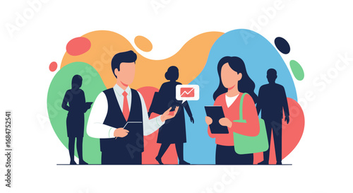 Business professionals discuss data and strategy, symbolizing teamwork, communication, and growth in a modern work environment.