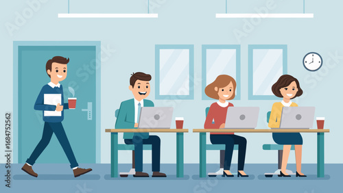 Diverse business professionals happily collaborate in a modern office, working on laptops. Ideal for themes of productivity, teamwork, and a positive corporate environment.