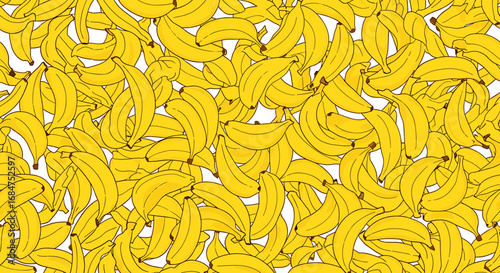 A vibrant, dense pattern of numerous yellow bananas scattered across a white background, creating a visually engaging and repetitive fruit motif.