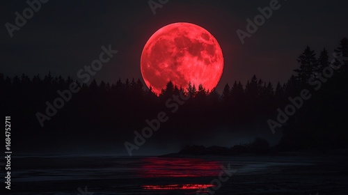 Bright red moon rising above dark forest casting eerie shadows on the ground cinematic otherworldly event