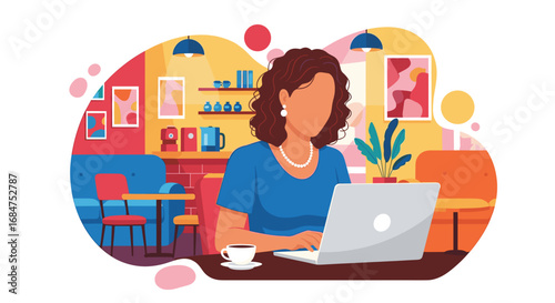 Woman focused on her laptop in a vibrant cafe, enjoying remote work with a cup of coffee. Ideal for business, freelance, or digital nomad themes.