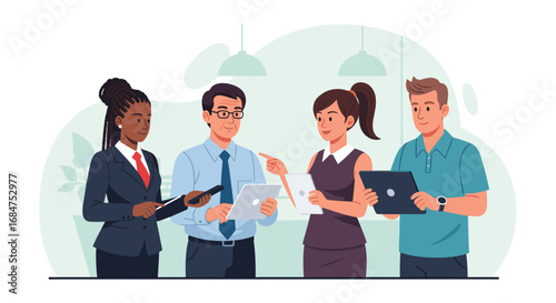 Diverse business professionals collaborate in a modern office, using digital tablets and smartphones for an engaging discussion on strategy and innovation.