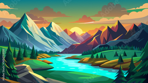 Vibrant flat design illustration of a serene mountain lake reflecting the warm hues of a setting sun