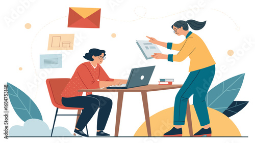 Two women collaborate in an office setting, one typing on a laptop while the other presents documents, illustrating teamwork, productivity, and professional workflow.