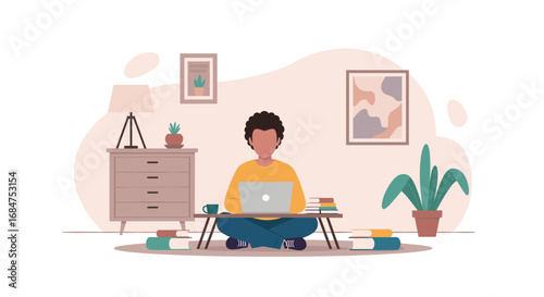 Young person working remotely on a laptop in a comfortable home setting, surrounded by books and plants. Ideal for themes of telecommuting, online learning, and flexible modern lifestyle.