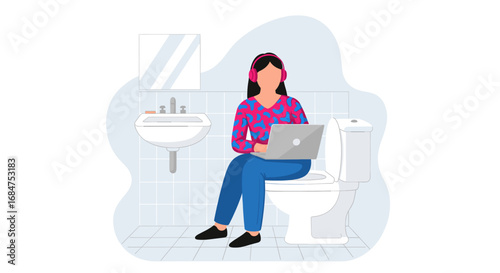 A woman in headphones works on her laptop while sitting on the toilet, depicting extreme remote work or multitasking in daily life.