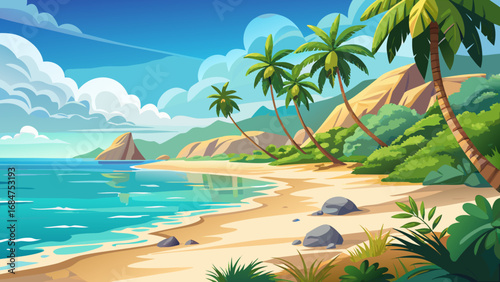 Vibrant tropical beach scene with calm turquoise ocean sandy shore lush green palm trees and dramatic cliffs under a blue sky with fluffy clouds