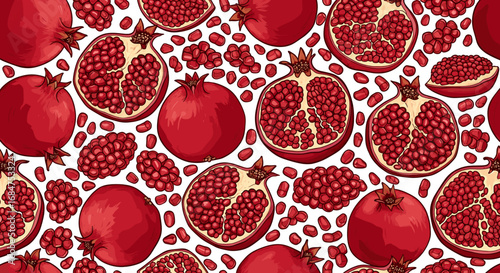 Pomegranate fruit pattern with whole and sliced pomegranate fruits and seeds on a white background.