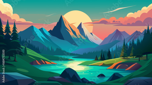 Vibrant mountain landscape with turquoise river and sunset sky in flat design style