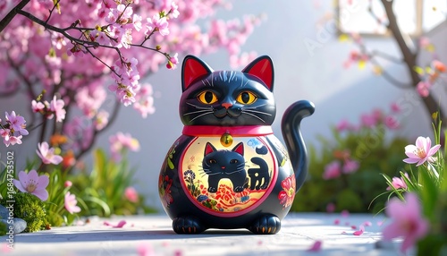 Maneki-neko in cherry blossom garden