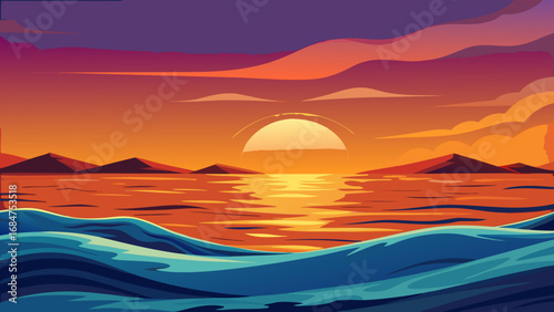 Vibrant sunset over the ocean with silhouetted mountains and stylized waves