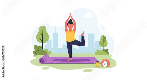 Woman practicing yoga tree pose outdoors in a city park, embracing morning wellness and balance. Ideal for health, lifestyle, or fitness campaigns.