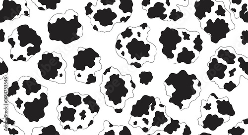 Black and white cow pattern, seamless design, abstract spots, animal print, repeating background.