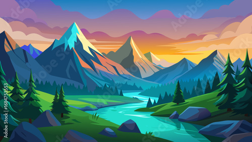 Vibrant mountain landscape with turquoise river and dramatic sunset sky