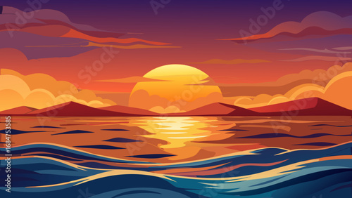 Vibrant sunset over calm ocean waters with mountain silhouettes and dramatic clouds