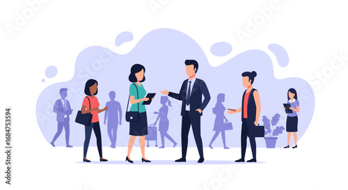 Professional diverse business people in an illustration, engaged in communication and networking. Ideal for concepts of teamwork, HR, and collaboration.