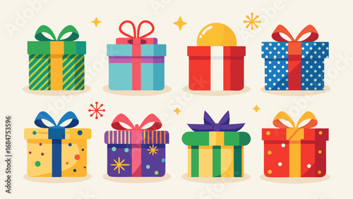 Collection of eight colorful and festive gift boxes with bows and decorative elements
