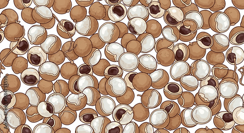 A close-up of many longan fruits, some peeled, revealing the white pulp and dark seed.