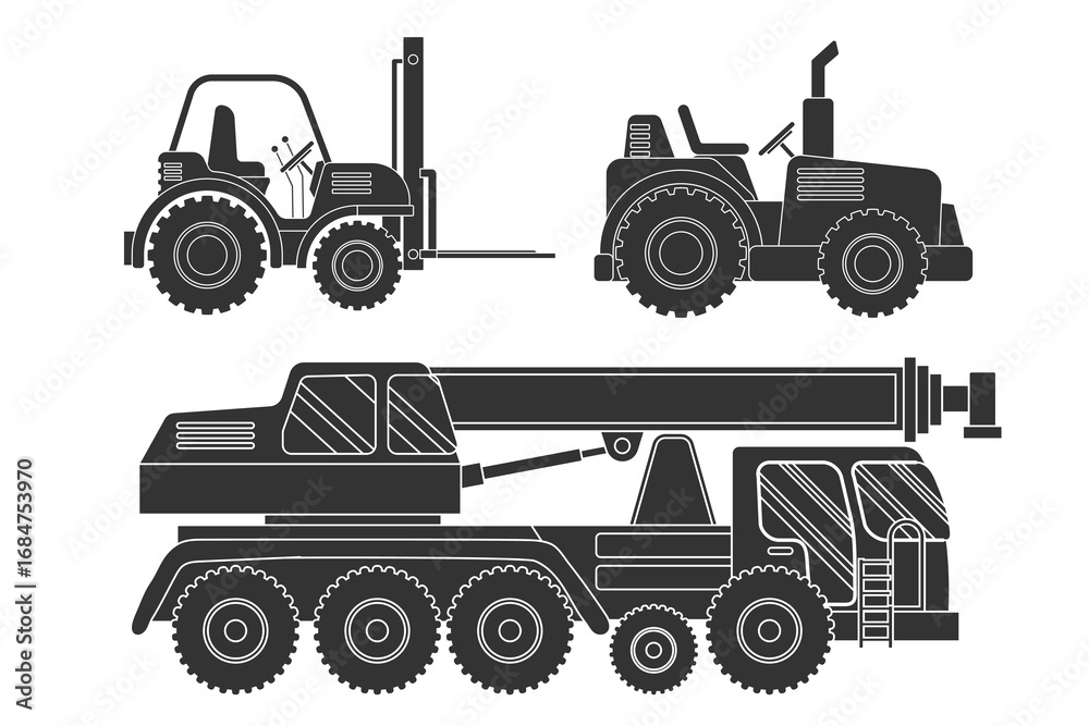 Naklejka premium Silhouette Illustrations Of Agricultural Equipment Including Tractor And Crane