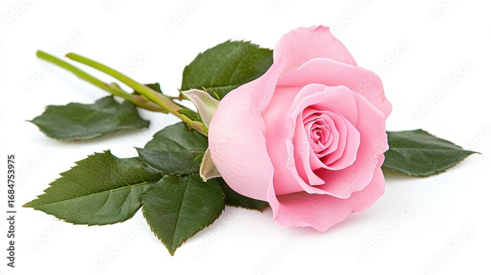 Naklejka premium Watercolor pink rose with green leaves isolated on a clean white background