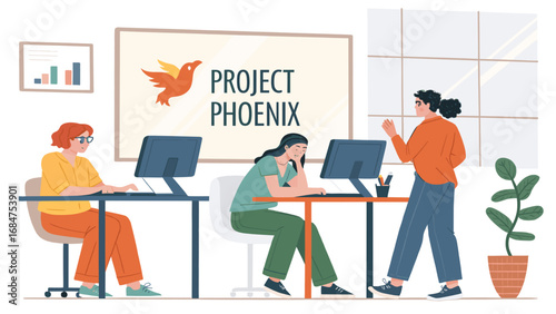 Team members collaborate and work diligently on 'Project Phoenix' in a modern office, representing teamwork, innovation, and startup success.