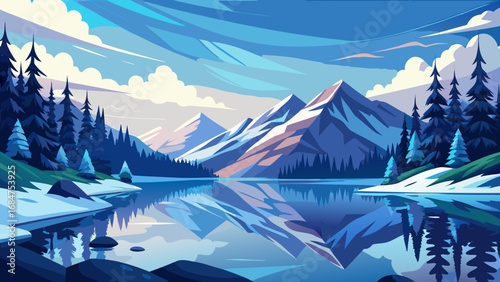 Serene mountain lake reflecting snow capped peaks and pine trees under a cloudy sky