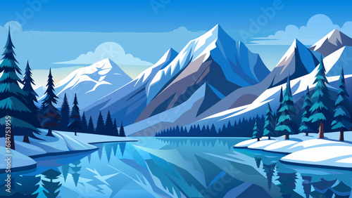 Serene winter landscape with snow capped mountains reflecting in a calm icy blue lake surrounded by pine trees