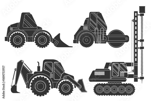 Various Silhouette Construction Vehicles Including Excavator Loader Grader Roller And Drill Rig On White Background