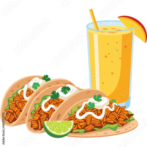 Chicken Tacos and Mango Drink: Restaurant menu item for dine-in or take-out service. High-quality graphics and vector illustrations that will make your website, app, and poster design stand out.