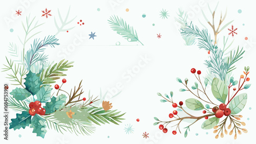 Delicate watercolor christmas floral arrangement with holly berries and pine branches
