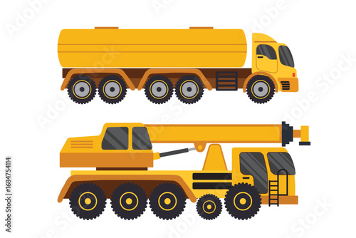 Yellow Construction Vehicles Including Fuel Tanker and Crane on White Background. Heavy Vehicle Collection Set vector illustration